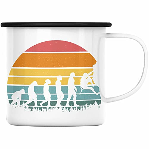 Trendation - Klettern Bergsteigen Geschenk Emaille Tasse Boulder Geschenkidee Berge Evolution (Schwarz)