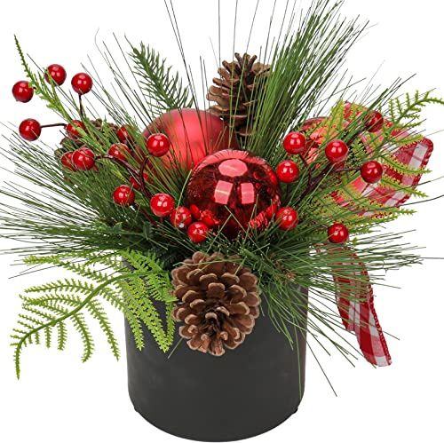 Briful Kunstpflanze Weihnachtsdeko Künstliche Pflanze Gestecke Weihnachtsarrangement im Keramiktopf mit Tannenzweig Kugeln Berries Tannenzapfen, Dekopflanze Zimmerpflanze Tischdeko