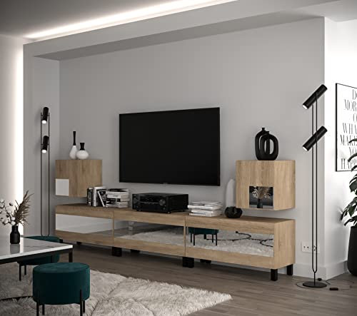Furnitech Wohnwand Wohnzimmer | Hängend Wohnwand Modern | Wohnzimmer Schrankwand mit Regale und TV Schrank | Wohnzimmer Möbel ohne LED (Future C99-22S-LB-M10-1B)