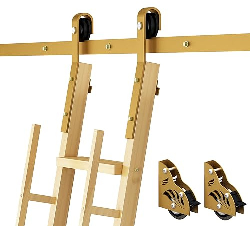 DIYHD 13FT Sliding Barn-Style Library Ladder Hardware Kit (No Ladder), Gold | Brake bottom wheels for safety, Storage hooks for detaching and hanging ladder, Safe Load capacity supports 330lbs