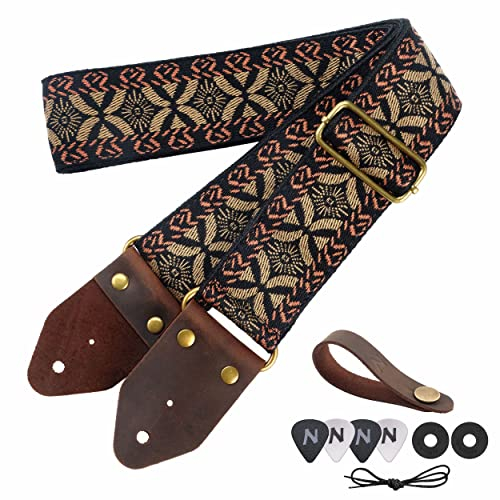 Nefelibata Gitarrengurt, 2 Jacquard-Stickerei Baumwolle Gitarrengurte mit Crazy Horse Leder Enden für Bass, elektrische & akustische, Geschenke für Kinder, Gitarristen (Goldene Stickerei)