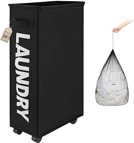 TOTANKI Großer Wäschekorb, Hoher und Schmaler, Faltbarer Mobiler Wäschekorb mit 4 Rollen und Beidseitigen Griffen, Zusammenklappbarer Aufbewahrungskorb (Schwarz, L)