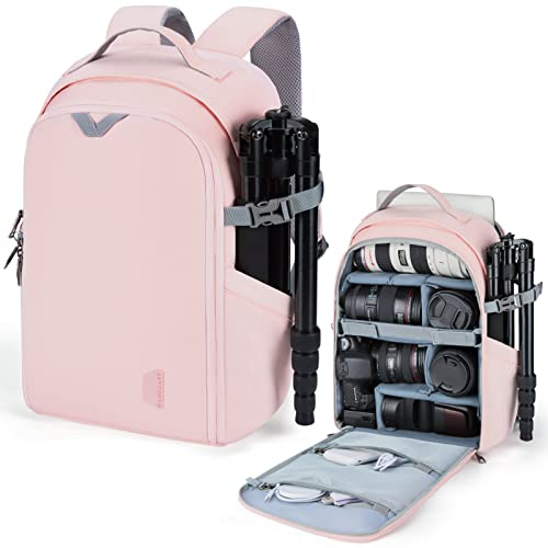 bagsmart Kamerarucksack, DSLR SLR kameratasche Passend für 15,6-Zoll Laptops, Wasserfeste Fotorucksack mit Regenschutz, Stativhalter, Rosa Groß