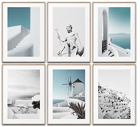 BLCKART Aesthetic Santorini Wandbilder Wohnzimmer Poster Set Griechenland Weiß Blau Wanddeko Bilder Schlafzimmer Deko (6x DIN A4 (21 x 29,7cm))