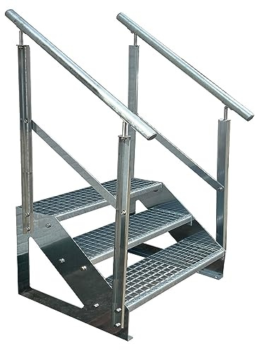 Premium Caillebotis acier Escalier à limon 3 Marches Autoportant Entièrement galvanisé avec garde-corps des deux côtés - Dimensions (L x l x H) 63cm x 60cm x 57cm