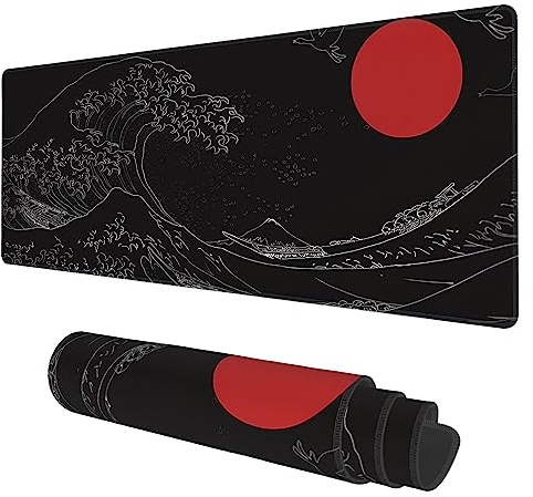 Schreibtischmatte, schwarz, japanischer Stil, Welle und rote Sonne, erweitertes Gaming-Mauspad, groß, 80x30 cm, lange Computer-Tastatur, Mauspad für Zuhause und Büro