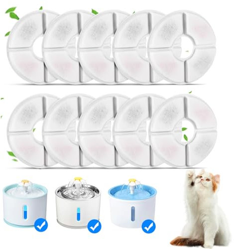 Cat Water Fountain, Ultra Quiet Fountain Cat Bowl with Water Level Window & LED Light, Automatic Pet Drinking Fountain with 1 Carbon Filter (Replacement Filters 10PC, 2.4 L)