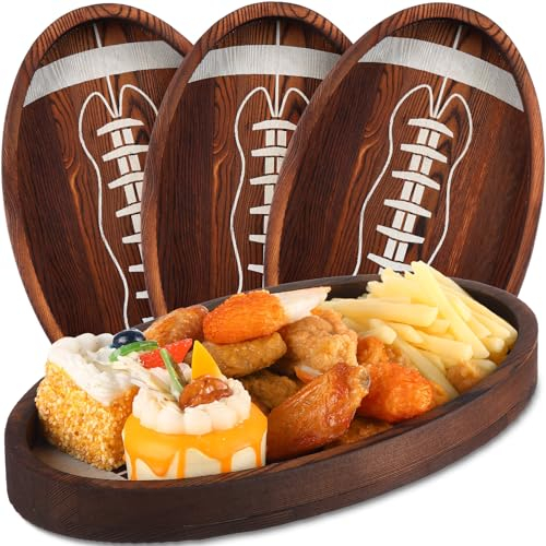 Hushee 3 Pcs Football Serving Trays and Platters 13 Inch Wooden Shaped Football Serving Dishes Tailgate Party Platter Snack for Game Party Decoration(Classic Style)