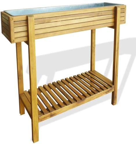 IKAYAA Erhöhter Garten-Hochbeet Balkon Pflanzkübel Blumenkasten Balkon Pflanzgefäß Gartenbeet Blumenkasten Hochbeet Terrasse Akazie Massivholz und Zink