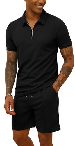 CTU Men's Tracksuit Polo Shirt & Shorts 2 Pieces Summer Suit Black L