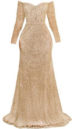 Engerla Lange Ärmel Pailletten Meerjungfrau Abendkleid Schulterfrei Spitze Perlen Ballkleid Brautkleid, Champagner, 42