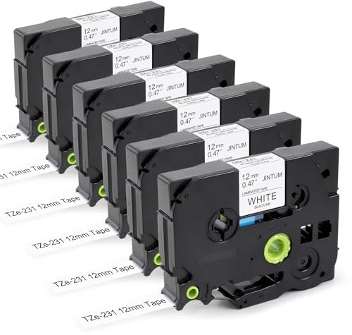 JINTUM 6X TZe-231 Kompatibel mit Brother P-Touch Label Maker Bänder 12mm 0.47 für Brother Etikettendrucker PT-D210 PTD-400 PT-D410 PT-H100 PT-H105 PT-H107B, Schwarz auf Weiß