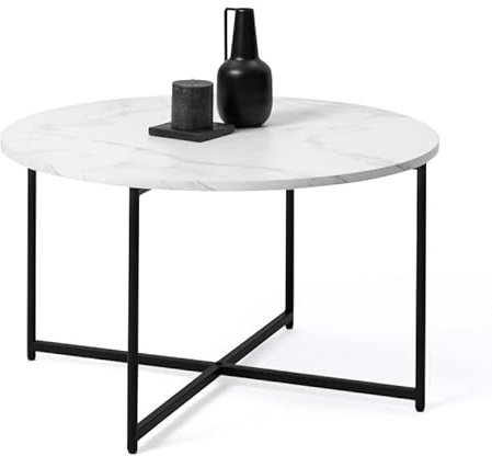 IDMarket - Couchtisch Alaska, rund, 70 cm, Marmoreffekt und Metallfuß, Schwarz
