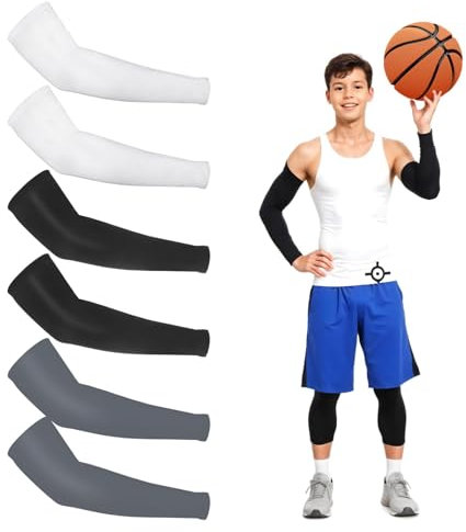 3 paia di manicotti per braccia per bambini, traspiranti, per bambini, protezione solare UV, maniche a compressione per baseball, calcio, pallavolo, basket, Multicolore, Taglia unica