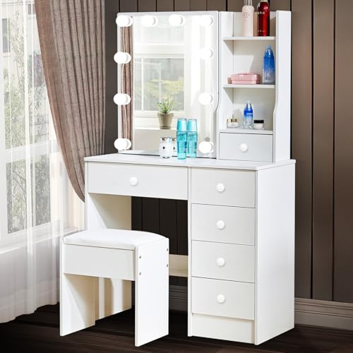 Dradaomull Tavolo da toeletta con illuminazione, tavolo da toeletta con specchio, tavolo da condimento, 3 colori con luminosità regolabile, vanity desk per make up, 131 x 80 x 36 cm (M41)