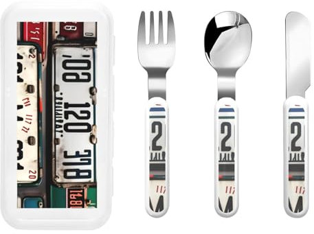 Juego de utensilios de viaje con diseño de placa antigua con estuche. Incluye tenedor, cuchara, cuchillo, cuchara ergonómica para diestros
