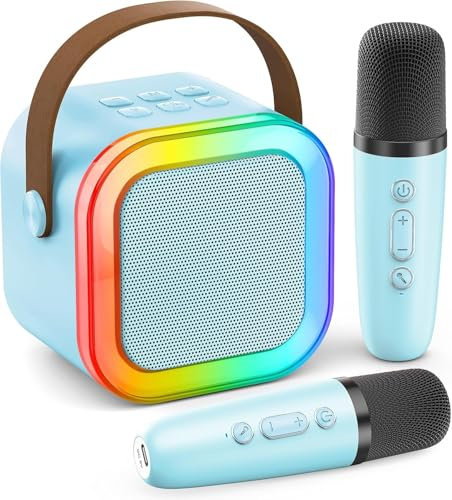 Karaoke Machine for Kids Adults, Mini Portable Bluetooth Speaker with 2 Wireless Microphones, Machines Karaoke with Voice Changing Effects & LED Lights, Best Gifts Toys for Girls and Boys (Blue)