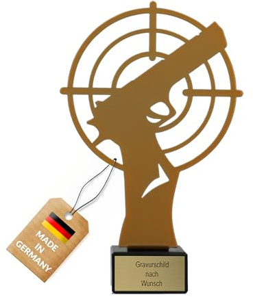 Goldener Schützen-Pokal mit Gravur, 21 cm, Metall, Pistolen-Silhouette | Geschenk-Trophäe mit Steinsockel, personalisiertes Geschenk, Wanderpokal Schütze