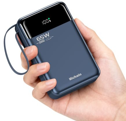 Hichain Powerbank 65W, Power Bank 20000mAh USB C Schnellladen mit Integriertem USB-C Kabel, LED Display, Externe Handyakkus Kompatibel mit MacBook, iPhone 17/16, Galaxy S25, iPad, Tablet, Blau