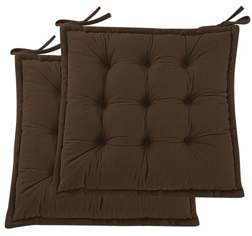 PRIMEPATIO Indoor Sitzkissen Stuhl 2er Set – Komfortable Cordstoff-Sitzmatte Stuhlkissen mit Bändern, Hochwertige Füllung, Ideal für Esszimmer, Büro, Wohnzimmer, Outdoor Gartenstuhl, 50x50x7, Braun