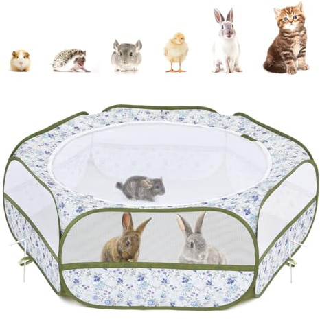 Pawaboo Parc pour Petits Animaux, Enclos Pliable Parc avec Fermeture Éclair pour Animal de Compagnie, Cages Tente Clôture d'Exercice Transparente Respirante pour Chien, Chat, Lapin, Fleur Bleu + Blanc
