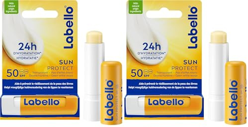 LABELLO Sun ProtectProtection Solaire FPS 50 (1 x 5,5 ml), stick lèvres protection UVA/UVB & hydratation 24 h, baume à lèvres au beurre de karité et huiles naturelles enrichies en vitamines C & E