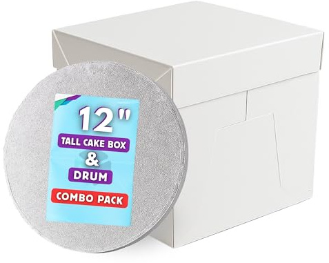 Pack N Trade Tall White Cake Box 12 Inch with 13mm Round Silver Drum – Durable 12×12×12″ Cake Box & Drum Combo – Ideal for Birthday & Wedding Cakes, Cake Decorators & Home Bakers