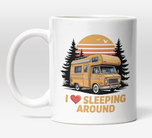 Millhouse Prints I Love Sleeping Around Campervan Mug – Funny Camping Coffee Cup – Vintage Motorhome Design with Retro Sunset – 11oz Ceramic