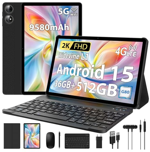 PIXGOOD 2K Tablet 11 Pulgadas, 36GB RAM+512GB ROM (2TB TF), Android 15, 4G SIM LTE+5G WiFi, 2000 * 1200, Octa-Core, 9580mAh, WidevineL1, 13MP+8MP, GPS, Bluetooth-Tablet con Teclado ect (Negro)