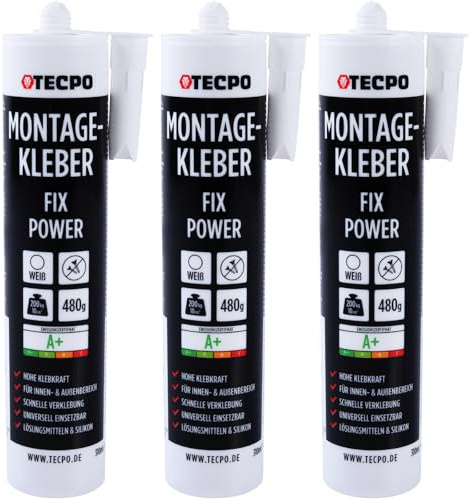 TECPO Montagekleber Fix Power, 3X 480g Universal Baukleber Kartuschen Kraftkleber 200kg 10 cm² für Akustikpaneele, Styropor, Sockelleite Innen und Außen schnelle Verklebung ohne Grundierung