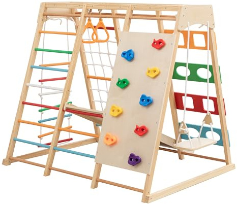 ZMAD Ladder Wall Gym & Climber – Featuring a Rock Climbing Wall, Wooden Swings, Gymnastic Rings, Rope Ladders, and Stretching Equipment for Indoor Playground for Toddlers & Children (9-in-1)