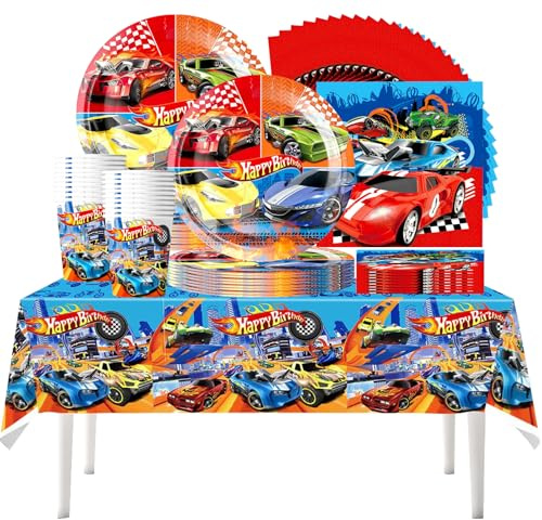 Juego de vajilla para fiestas de cumpleaños con temática de carreras Hot Wheels de 61 piezas, ideal para celebraciones de cumpleaños infantiles, con decoraciones con temática de carreras