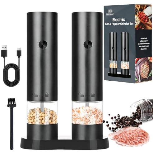 Guyisile Juego de Molinillos Eléctricos Juego 2 Piezas,Para Cocina/Barbacoa | USB Recargable,Base Almacenamiento,Molinillo de Especias con Grosor Ajustable,con Cepillo de Limpieza,Molinillo de Especias