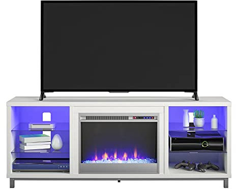 Ameriwood Home Lumina Fireplace TV Stand for TVs up to 70 Inch, Replaceable Electric Fireplace Insert Heater, Remote Control, Timer, Color Changing LED Lights, Crystal Ember Flames, White