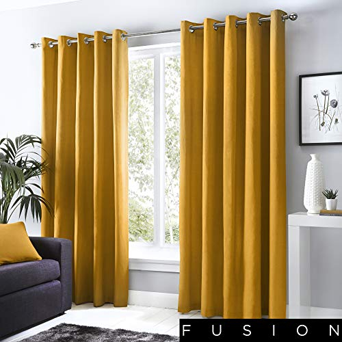 Fusion Sorbonne Ochre Eyelet Curtains – W117 x L183cm (46 x 72) – 100% Cotton Thermal Drapes for Bedroom & Living Room – 2 Panels – Yellow Door Curtains