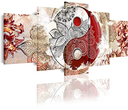 DekoArte 518 - Cuadros Modernos Impresión de Imagen Artística Digitalizada | Lienzo Decorativo Para Tu Salón o Dormitorio | Estilo Ying Yang Abstractos Zen Colores Beig Rojo | 5 Piezas 200x100cm XXL