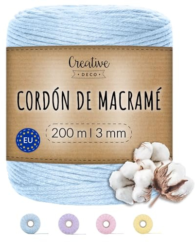 Creative Deco 200m Pastel-Blau Makramee-Garn Baumwoll Polyester 2-3 mm | Kordel Baumwollschnur | 656 Fuß | Große Rolle Starke | Perfekt für Basteln, DIY, Handwerk & Stricken