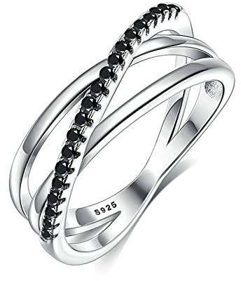 Ayoiow Verlobungsring Damen, Sterling Silber Ringe Verlobung Kreuz mit Schwarz Zirkonia Damenring Größe 62 (19.7) Silber Schwarz
