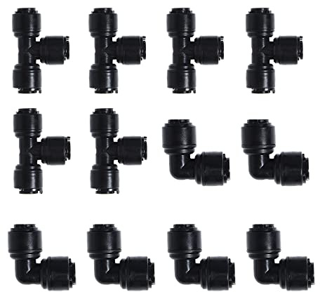 1/4 Zoll OD 12 Stück schwarze Quick Connect Push in to Connect für Wasser-Umkehrosmose-System-Wasserschlauchverschraubung (6 l + 6 T)