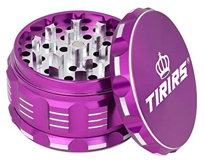 TIRIRS 2.5 Inches 4 Pieces Premium Herb Grinder - Aluminium Large Spice Grinder with Pollen Catcher, Comes with Pollen Scraper and Cleaning Brush, Purple