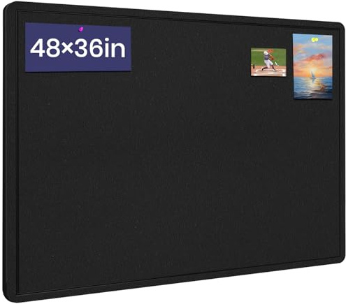 Large Bulletin Board, 48 X 36 inches Felt Board Notice Pin Board, 4' x 3'Cork Board Alternative for Wall, Self-Adhesive Vision Board Mood Board Foldable Photo Board with 30 Pushpin (Black)