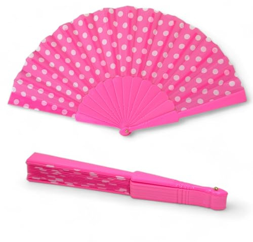 MIJOMA Faltbarer Handfächer - Ultraleicht, Wasserabweisend für Sommerparty & Hochzeit, Farbenfrohes Design, 42x23cm (Polka Dot Rosa)