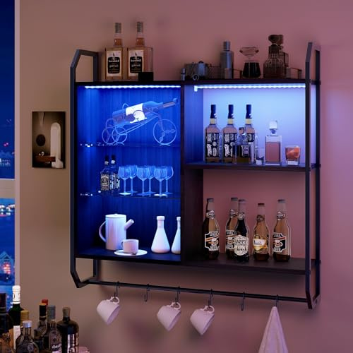 YOURLITE Weinregal Wand,Bar Regal Wand Metall mit LED,Wandmontage Schwarz | Weinpareite Display Rack,Verstellbarer Glasablage,6 S-förmigen Haken,für Spielzimmer, Wohnzimmer, Küche