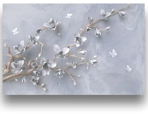 Fototapete 3D Effekt Tapete Vliestapete Grau Geprägte Magnolien-Schmetterling 3D Wandbild Tapete Schlafzimmer Wohnzimmer Wohnkultur 400Cm(W)*280Cm(H)