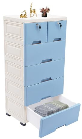 Kunststoff Schubladenregal Rollbarer Schubladenschrank Rollcontainer 6 Schubladen mit 4 Räder Stauraum für Schlafzimmer Schule Büro (Blau)