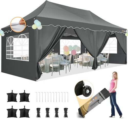 HOTEEL 3x6 Pop Up Pavillon Wasserdicht Stabil mit 6 Abnehmbaren SeitenwäNden, Wellensaumdach Uv Anti 50+ mit Radtasche und 4 SandsäCken Faltpavillon, füR Hochzeit Party Picknick Markt(Grau)