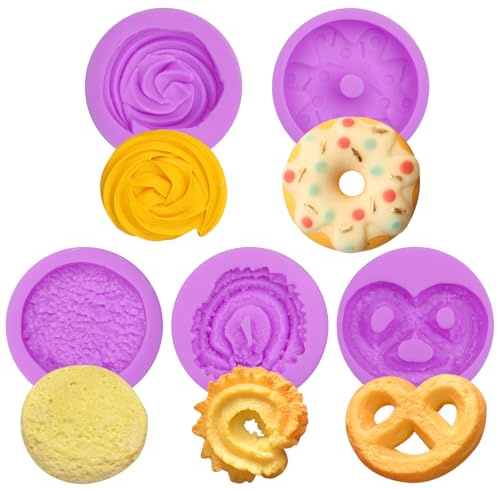 Cookie Chocolate Molds 5 Packs Donut Fondant Molds Waffle Cookie Cream Molds Oreo Baking Molds Silicone for Cake Decoration Cupcake Topper Candy Butter Sugar Craft Jelly Mousse Gum Paste Clay Resin