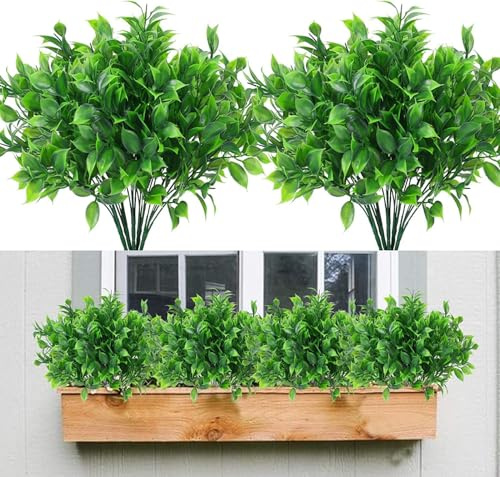 Luabue 10pcs Künstliche Pflanzen für Draußen Wetterfest Kunstpflanzen | Outdoor Grünpflanzen Sträucher Plastikpflanzen Kunstblumen für Außenbereich Garten Balkonpflanze Frühling Deko