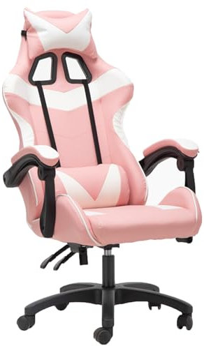 LVYWEX Ergonomischer Gaming-Stuhl,Rückenlehne aus Eisen bequemer atmungsaktiver Bürostuhl höhenverstellbarer Computerstuhl mit Fußhocker Metall verstellbar(PINKWHITE_Without)