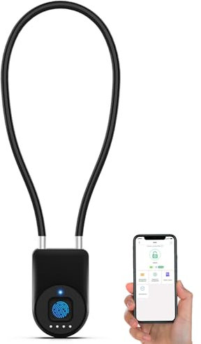 eLinkSmart Fingerprint Cable Lock, 14 Long Shackle Keyless Entry Biometric Waterproof Bluetooth Smart Combination Padlock for Gate Outdoor Fence Fridge Cabinet Locker Pool Yard Pantry Bike - Black